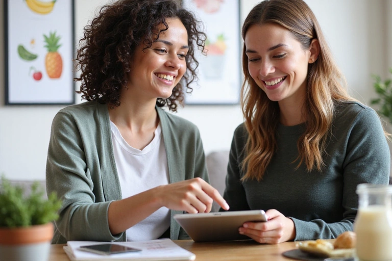 Dietitian explaining a personalized meal plan to a client in a modern, light-filled office.