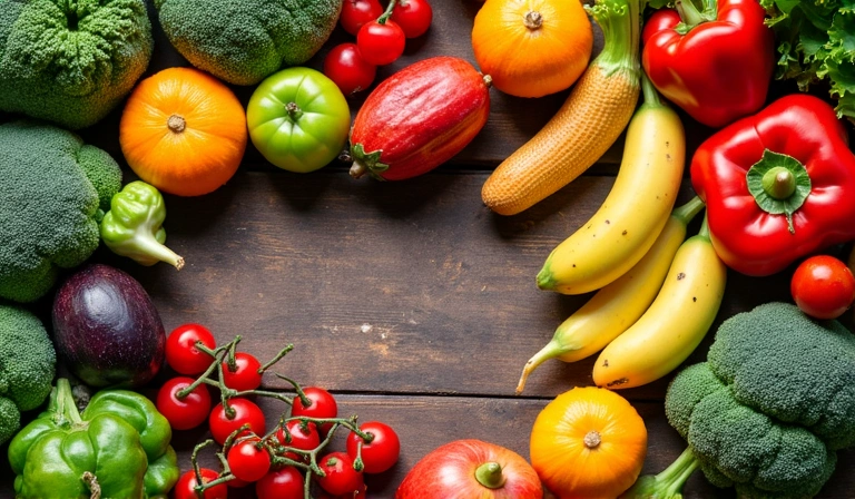 A variety of colorful fruits and vegetables spread out on a wooden table, representing healthy food choices