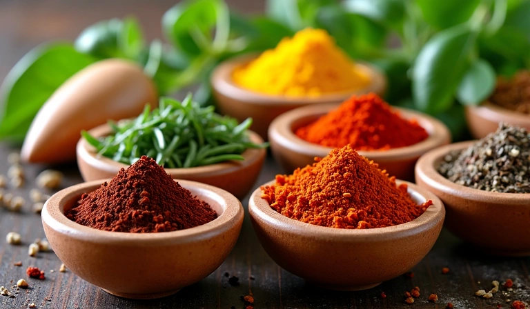 A variety of colorful spices and herbs in small bowls, representing healthy cooking ingredients
