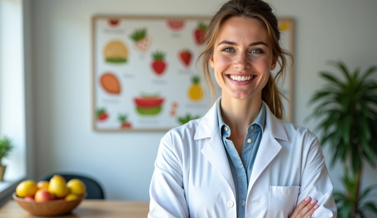 A friendly dietitian smiling and ready to assist a client