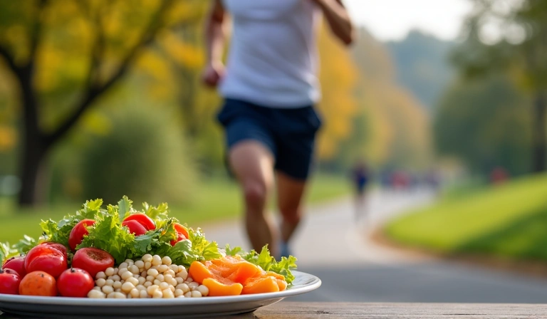Athlete running with a vibrant, healthy meal in the foreground, showing energy and vitality.