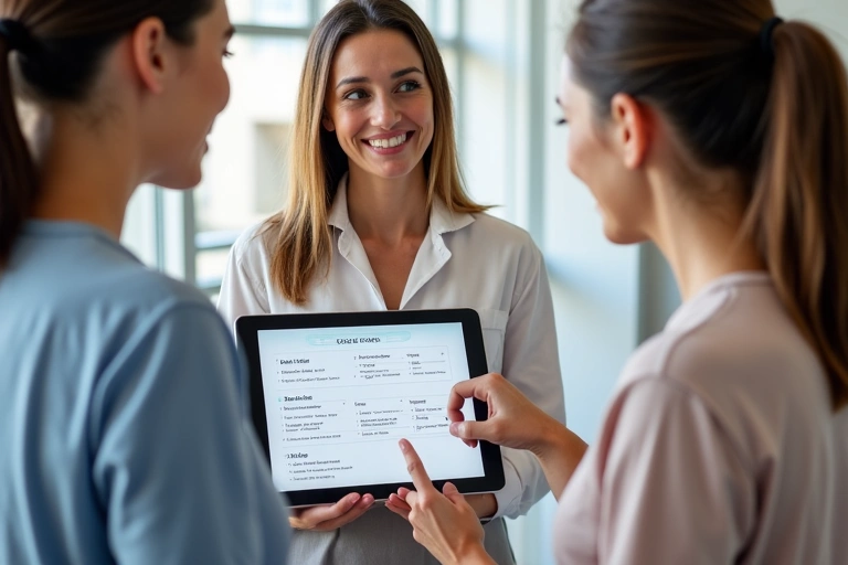 A professional dietitian consulting with a client, showing a personalized meal plan on a tablet