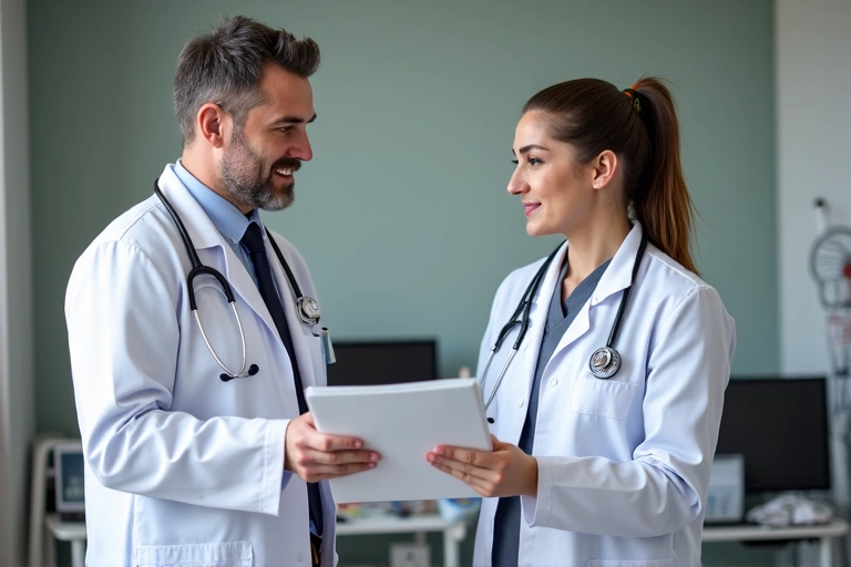 A doctor and a dietitian discussing a patient's case, emphasizing collaborative healthcare