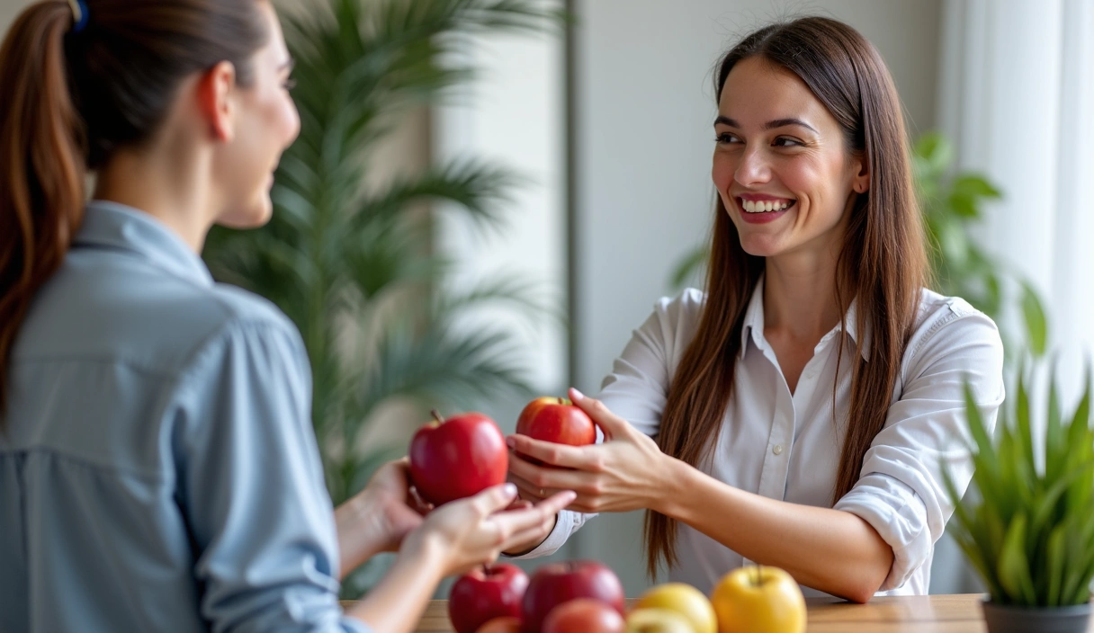 A dietitian smiling and offering a healthy apple to a client, symbolizing personalized care and guidance towards health goals.