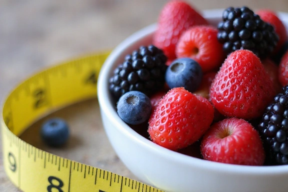 A bowl of fresh berries and a measuring tape, illustrating mindful eating and portion control.