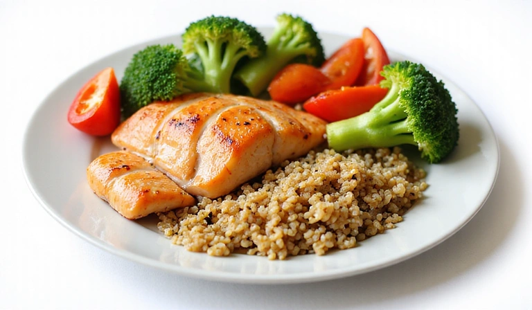 A balanced plate with fresh, colorful food including vegetables, lean protein, and whole grains, symbolizing healthy eating for weight management.